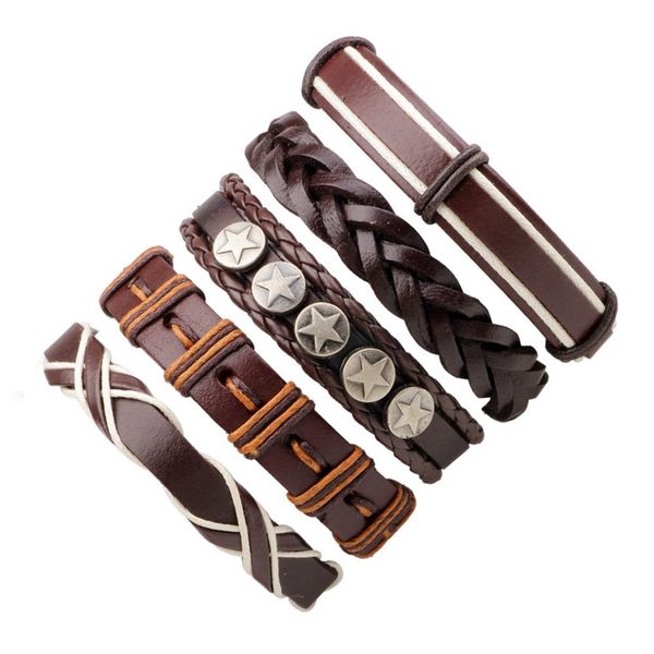 

6pcs vintage star charm leather bracelet men's set multilayer braid bracelets & bangles wrap bracelets rope punk men jewelry, Golden;silver