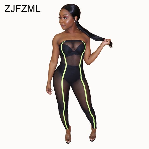 

neon green mesh patchwork skinny jumpsuit women off shoulder backless see through romper streetwear strapless club party catsuit, Black;white