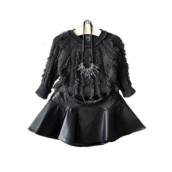 

retail kids luxury designer clothes girls pu leather skirt classic black princess dress pleated skirt skirts children boutique clothing