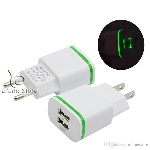 LED Ligh Dual USB-Anschluss-Wandladegerät US EU-Adapter 5V 2 1A Universal-Mobiltelefon iPad Reise-Startseite AC Adpater