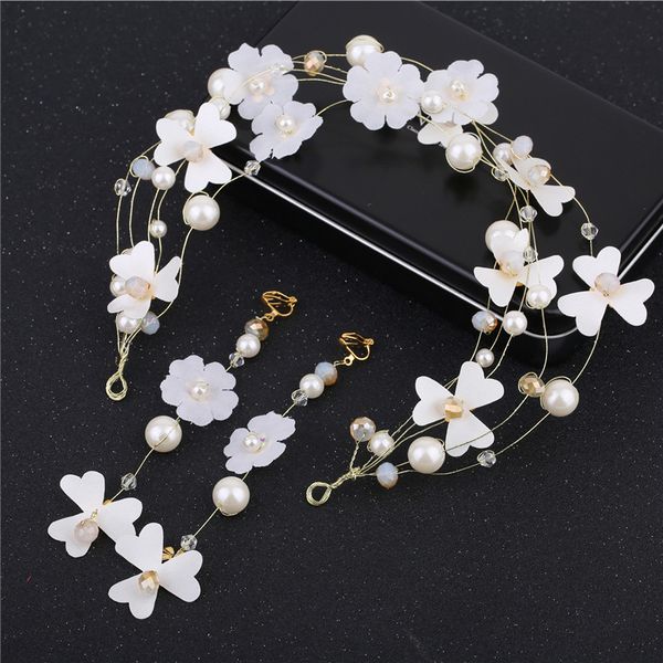 

bride girl children hair headwear princess show garland flower girl corolla hair band flower neck chain ear clip suit, Silver