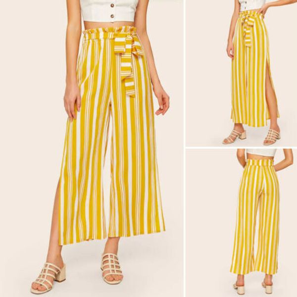 

women palazzo high waist wide leg lady summer striped harem casual loose long split hip hop trousers pants, Black;white