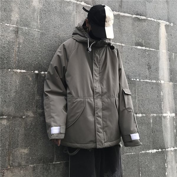 

winter padded jacket men's warm fashion parka men solid color multi-pocket hooded coat man loose cotton tooling jacket male, Black
