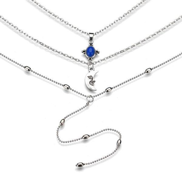 

fashion bohemia ethnic 3 layers silver color chain tassel moon blue stone long beads chain pendant necklace women jewelry