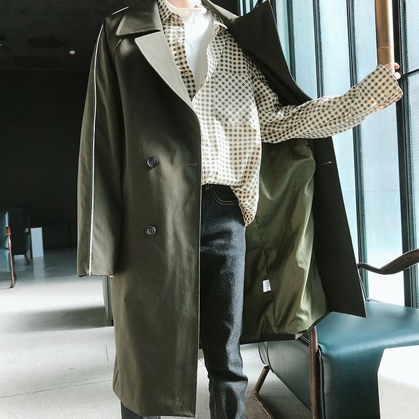 

men trenchcoat autumn winter new men's fashion solid casual windbreaker double breasted lapel collar long slim outwear, Tan;black