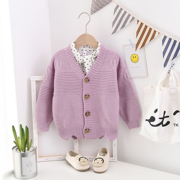 

детская одежда корейской версии 2019 года новой девушки свитер кардиган осень носить чистый цвет v-образным вырезом на пуговицах вязаный тон, Blue