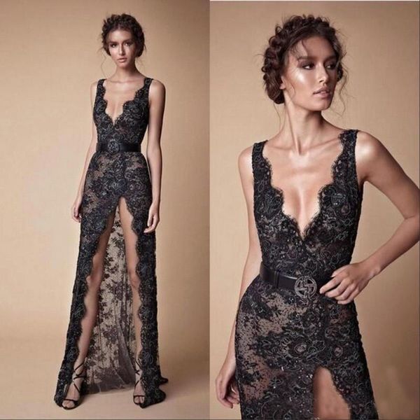 

2019 stylish black a line lace evening gowns deep v neck high slit beaded long fashion lady party occasion formal dresses, White;black