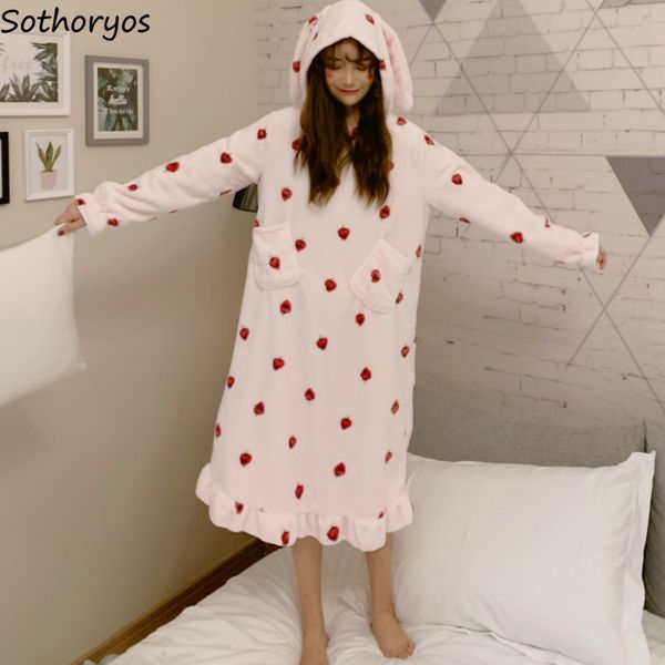 

women nightgowns loose kawaii sweet soft warm hooded printed simple coral velvet korean style comfortable ulzzang, Black;red