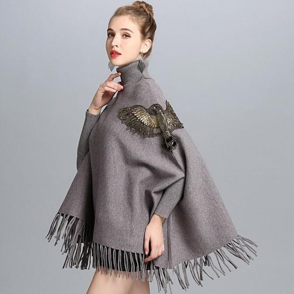 

2019 autumn winter women fashion cloak poncho high-necked bat sleeve pullover sweater tassel knit shawl cape female r1563, Black