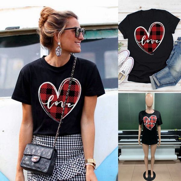 

womens designer t shirts clothes crop tees women's clothing valentine's day hit women's love plaid heart print round neck sho, White