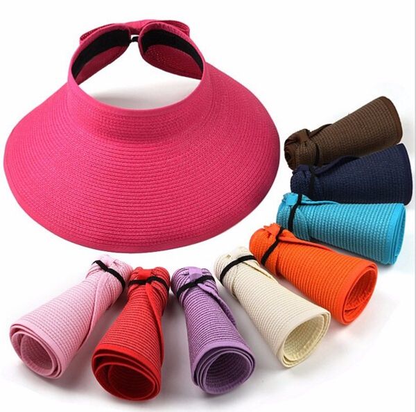 

jch fashion sun summer hats for women lady foldable roll up sun beach wide brim straw visor hat cap with multi-color k5278, Blue;gray