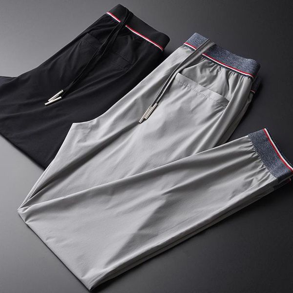 

new soft thin mens pants silky high density fabric sport casual pants men plus size 4xl slim fit ankle-length, Black