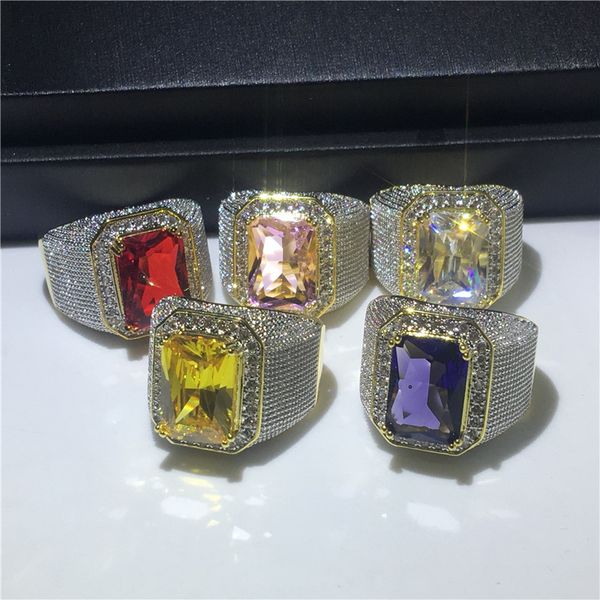 

handsome male hiphop ring gold filled 925 silver big 5a cz stone party wedding band rings for men rock jewelry gift, Slivery;golden