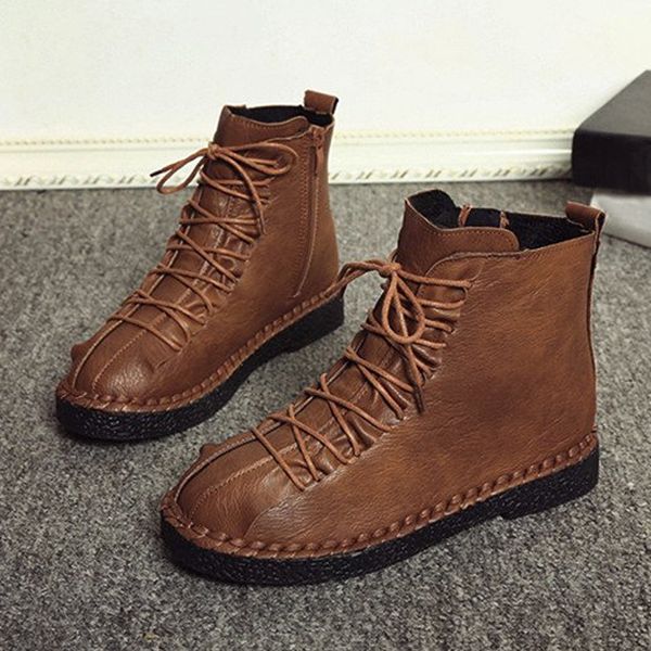 

winter warm short ankle boots female plush insole snow boots women low heels pu leather boot vintage zipper lace-up shoes, Black