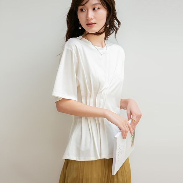 

french fashionable non-mainstream 2020 summer women's dress new style women's pleated solid color short-sleeved round collar t-s, White