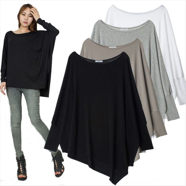 

2020 women's loose bat sleeve large size personalized clipping irregular hem women's solid color t-shirt, White