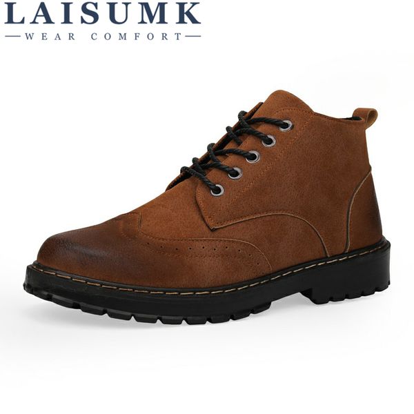 

laisumk мужчины высокого качества из натуральной кожи сапоги осень зима ботильоны vintage мужская обувь, Black