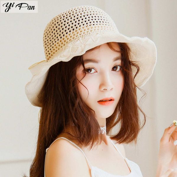 

women hollow fisherman hats knit knotbow sun hat spring summer foldable holiday fs99, Blue;gray