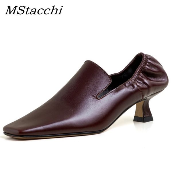

mstacchi mid heel genuine leather pumps women square toe shoes woman mature breathable comfortable zapatos de mujer, Black