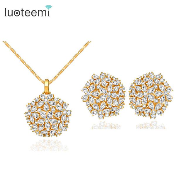 

luoteemi brand luxury new fashion clear cz crystal wedding party flower cut necklace earrings set for women princess jewelry set c18122701, Silver