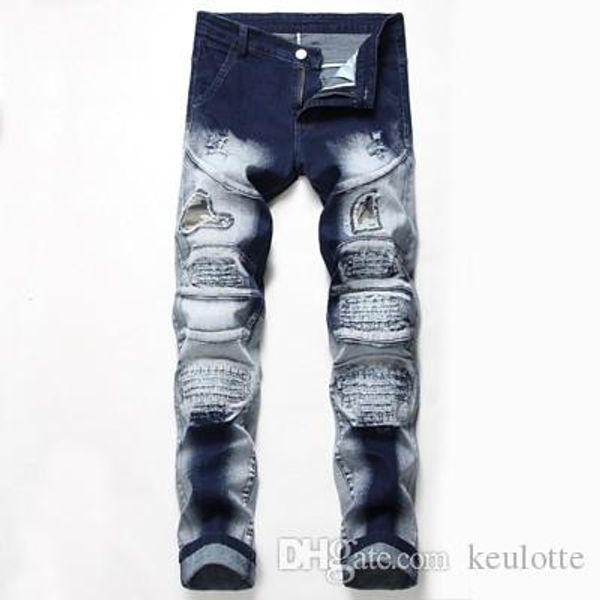 

designer men's jeans distressed ripped skinny pants luxury clothing slim motorcycle hip hop denim motorcycle men pants, Blue