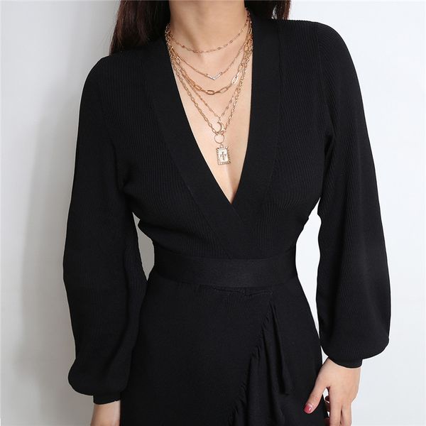 

6pcs/lot v shaped multi layer tassel necklace retro moon square cross chains for women evening dress alloy pendant necklaces jewelry, Silver