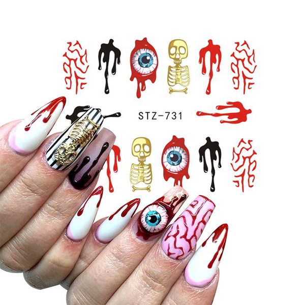 

halloween clown skull bone nail sticker water self adhesive nail art tattoo horror decals for diy decor wrap, Black