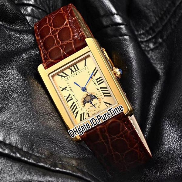 

new super solo 31mm yellow gold gold dial automatic moon phase roma mark mens watch brown leahter sports watches 9 colors cool cart-b40b2, Slivery;brown