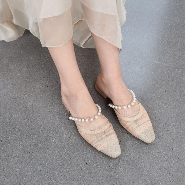 

shoes mules for women 2020 cover toe low string bead slippers summer slides fashion loafers flat luxury cotton fabric rome, Black