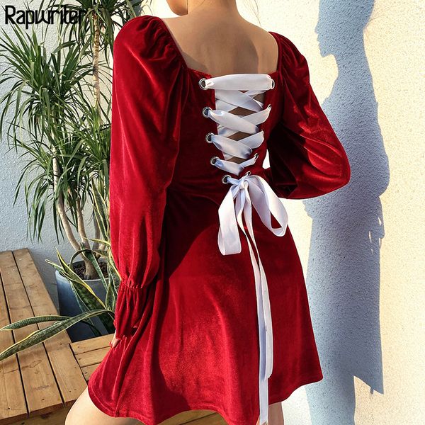 

rapwriter старинные квадратный воротник спинки зашнуровать sexy velvet dress женщины 2019 с длинным рукавом flare высокой талией платья парт, Black;gray