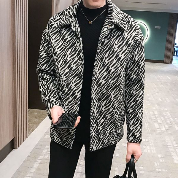 

winter new leopard woolen coat men fashion casual plaid long jacket street wild hip hop loose woolen windbreaker male clothes, Black