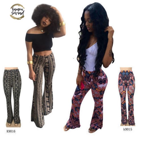 

stylish women boho printed high waist stretch slim flare bell bottom pants long flare trousers clubwear beach style, Black;white