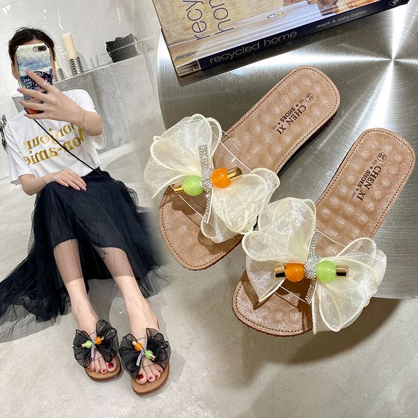 

shoes low transparent slippers butterfly-knot slides shose women pantofle soft 2020 flat pu rubber basic, Black