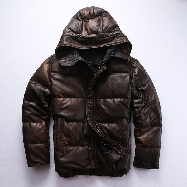 

hooded 2020 men's down winter genuine leather coat men vintage camouflage brown causal sheepskin jacket male, Black