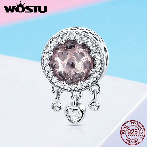 

wostu 100% real 925 sterling silver bright heart charm beads fit bracelets pendant fashion classic jewelry sparkling gift fic998