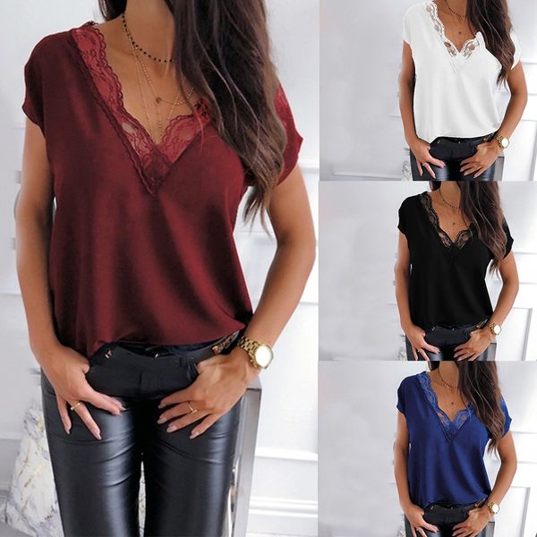 Mulheres Casual Lace Blusa de Manga Curta Solta Top Camisa Chiffon Blusa Mulheres Camisa Mulheres Camisa Crop Top