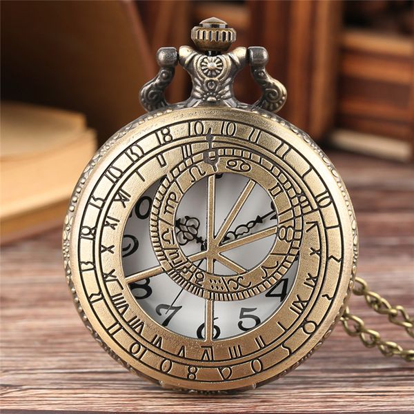 

retro prague astronomical clock pocket watch steampunk hollow out case quartz analog watches for men women necklace chain, Slivery;golden
