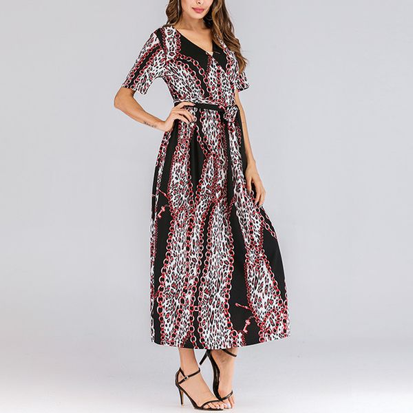 

plus size fresh new polyester spring and summer bohemian long dress v-shape neck short sleeve lepoard print dress, Black;gray