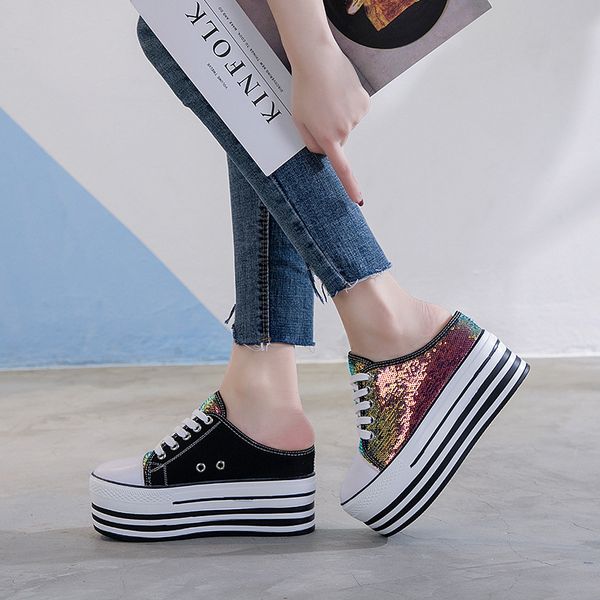 

tleni 2019 women sports shoes fashion canvas shoes platform wedges half slippers lace-up breathable bling ladies zd-93