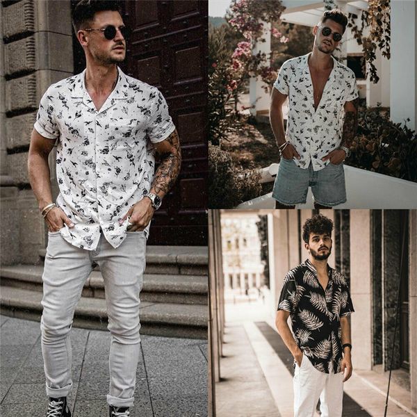 

men hawaiian shirt summer holiday floral print beach short sleeve, White;black