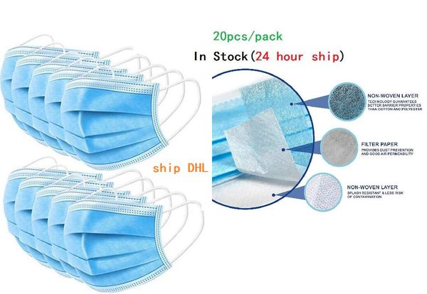 

20pcs/pack blue disposable mask dustproof nonwoven ffp3 kf94 n95 level face mouth masks anti fog & haze breathing safety masks 12 hour ship