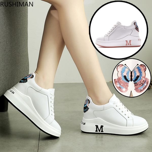 

rushiman 2019 spring autumn women's shoes new high leather leisure sports shoes women thick bottom lace-up student 34-39, Black