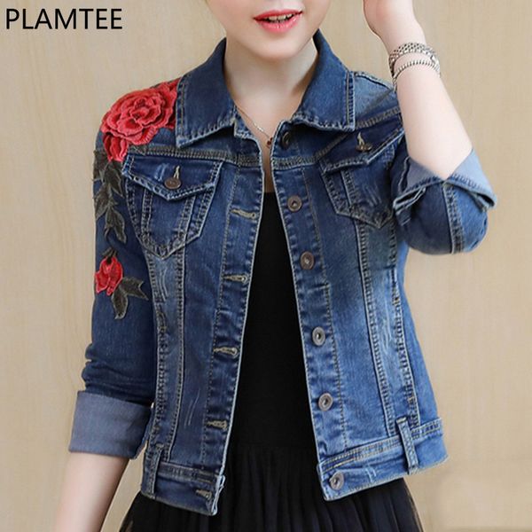 

plamtee embroidery basic coats autumn winter women denim jacket floral long sleeve female jeans coat casual skinny girls jackets, Black;brown