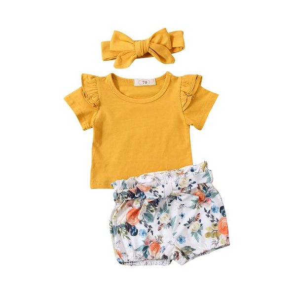 

лето новорожденные дети baby girl твердые короткие рукава одежда сборки топы romper цветочные шорты наряды set 0-24м, White