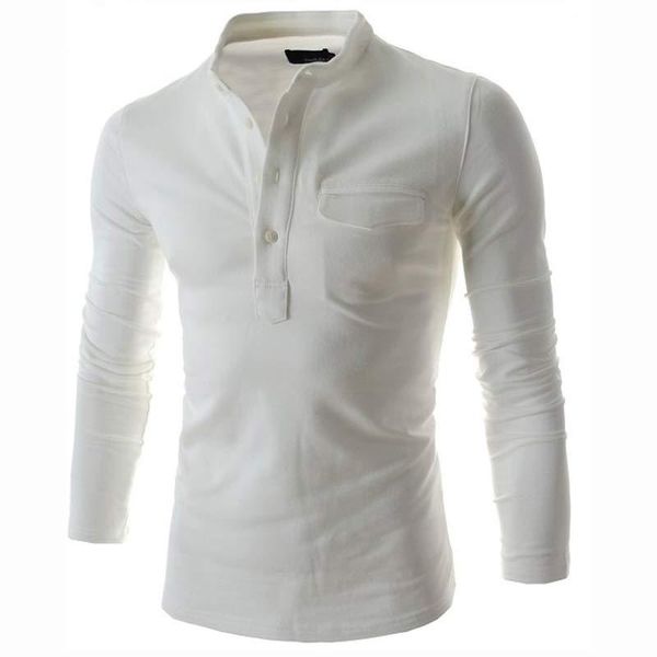 

solid color polo shirt men fashion stand collar gray long sleeve polo shirt casual false pocket henley shirt famous, White;black