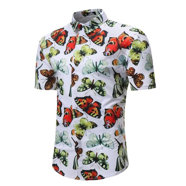 

2019 summer new arrival mens hawaiian shirt summer butterfly printed casual floral beach short sleeve shirts for male -3xl, White;black