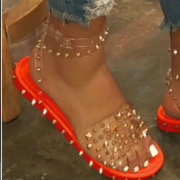

slippers fashion punk beach ladies shoes women summer sandals flat heel rivet platform peep toe ankle buckle zapatos de mujer, Black