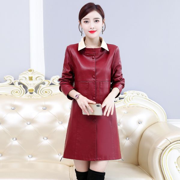 

2019 new women red faux leather jacket m-5xl ladies ventilation washed pu leather trench coats female long outerwear large size, Black