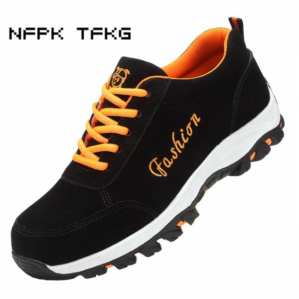 

new fashion mens large size steel toe cap work safety shoes soft leather sneakers building site worker security boots protection, Black