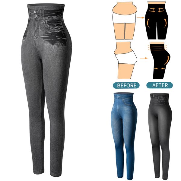 

faux denim jeans leggings high waist fashion slim women seamless leggings long printing fitness legging casual pencil pants, Black